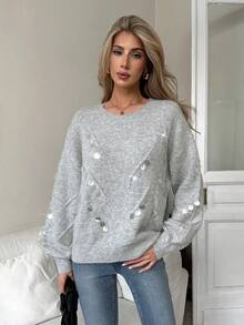 Elenzga Sequin Decor Drop Shoulder Sweater - Grey - View 3