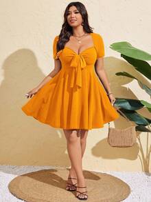 Flirla 大码女式性感前系带短袖紧身连衣裙，夏季 - 黃色 - 查看 6