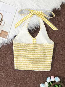 Sweetra Hong Kong Style Plaid Spaghetti Strap Bowknot Cami Top Sexy Backless Sleeveless For Women - Yellow - View 2