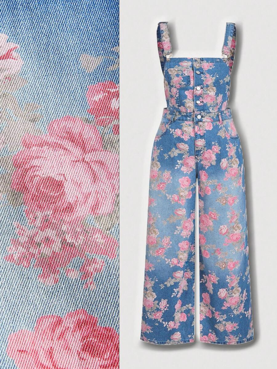 SHEIN MOD Plus Size Women Floral Print Pocket Wide Leg Casual Jumpsuit Vacation Jumpsuit Floral Jumpsuit Boho Jumpsuit Women Fashion Floral Print Denim Jumpsuit Wide Leg Pants Adjustable Strap Casual Overall Fashionable Plus Size Denim Overalls In Blue With Pink Floral Pattern And Relaxed Fit Comfortable And Stylish/Winter