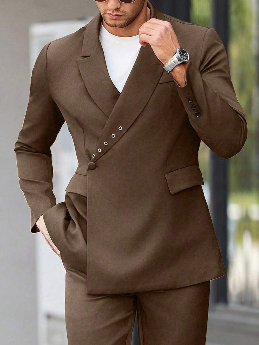 Calvornis 男士纯色翻领长袖金属孔眼设计休闲商务正装西装外套 - 棕色 - 查看 1