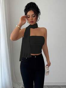 Elenzga 女士优雅网眼围巾褶皱吊带背心 - 黑色 - 查看 5