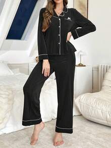 SHEIN Bow Decor Solid Color Women Fluffy Cozy Pajama Set, Winter Clothes