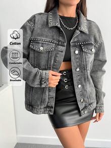 EURMUSE Stud Detailed Regular Fit Denim Jacket - Grey - View 1