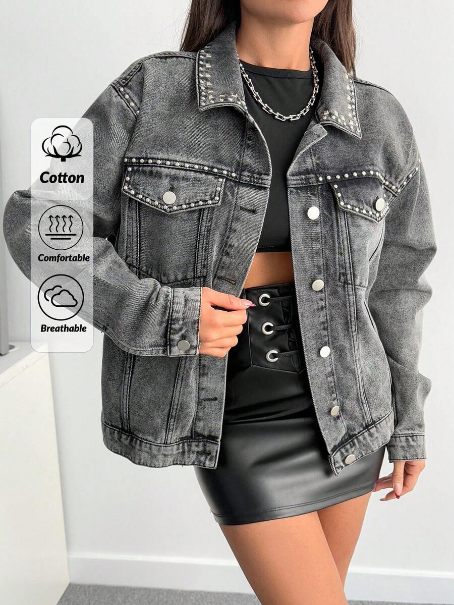 EURMUSE Stud Detailed Regular Fit Denim Jacket - Grey - View 1