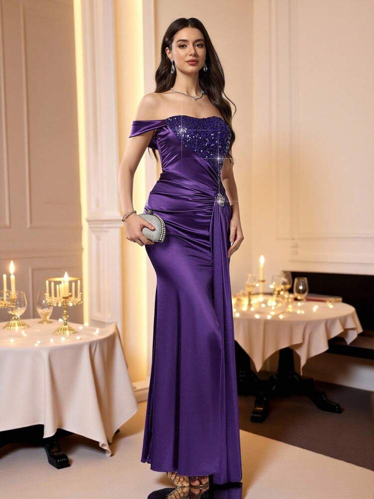 Coutiva Vestido de noche formal de mujer con hombros descubiertos, abertura alta y parches de lentejuelas elegantes - Morado - Añade 5