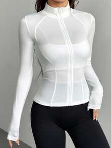 DAZY Women's Solid Color Sports Running Yoga Fitted Raglan Sleeve Jacket - White - View 3