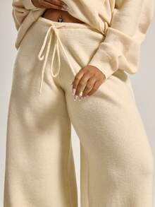 MUSERA Plus Knitted Wide Leg Tie Waist Trousers , , Winter, Cool Girl, Cosy, Everyday  Spring - Apricot - View 5