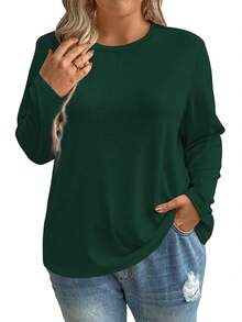 Kaos Lengan Panjang Wanita Ukuran Besar Warna Polos Leher Bulat Longgar Kasual Minimalis untuk Perjalanan Sehari-hari, Atasan Hijau, Musim Semi/Gugur - Dark Green - View 3