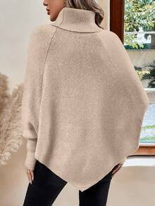 EMERY ROSE Women's Casual Solid Color Turtleneck Poncho Sweater, Autumn/Winter - Apricot - View 2