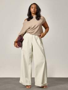 MUSERA Plus Woven Stretch Knit Asymmetrical Shoulder Short Sleeve Elasticated Top , , Winter, Cool Girl, Cosy, Everyday  Spring Sweater - Brown - View 5