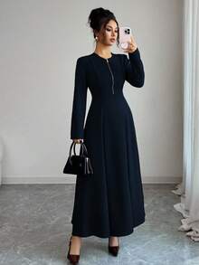 Elenzga Women's Elegant Coffee Brown Round Neck Front Zipper High-End Design Waist Fitted Flared Long Sleeve Midi Dress, Suitable For Commuting In Autumn - Navy Blue - View 6