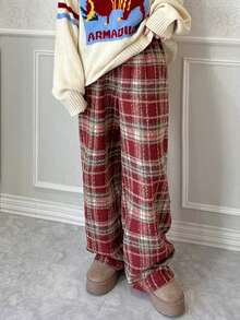 FRIFUL Pantalones rectos de cintura elástica a cuadros rojos para mujer, pantalones casuales sueltos y versátiles, para otoño/invierno, Año Nuevo, Navidad - Rojo - Ver 3