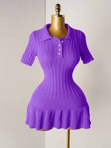 Mistrie Robe mini plissée en tricot orange avec boutons de perle, robe pull moulante sexy à manches courtes minimaliste