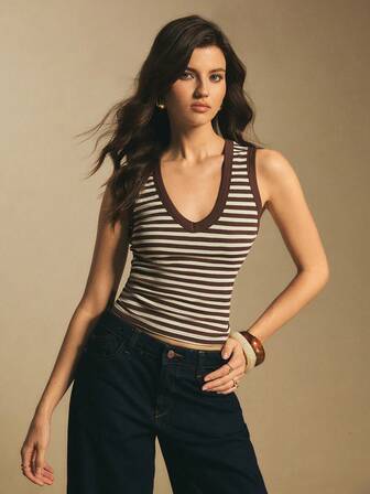 Poéselle 女士V领罗纹修身休闲背心 女士背心 条纹背心 棕色背心 条纹上衣 棕色背心 女士西部风格背心