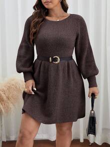 SHEIN Frenchy 秋冬大码纯色针织休闲连衣裙 - 咖啡棕 - 查看 5