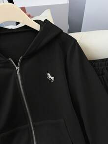 GlowEve Women's Fashion Casual Solid Color Embroidered Hooded Pocket Zip Up Loose Sweatshirt And Embroidered High Waist Drawstring Relaxed Straight Leg Sweatpants Set, Suitable For Daily, Sports And Leisure Wear