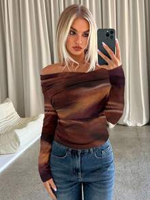 Aloruh Camiseta de manga larga con ajuste ceñido, con patrón teñido anudado simple y casual, adecuada para otoño/invierno, salidas diarias, vacaciones bohemias, festivales de música, estilo retro de dinero antiguo