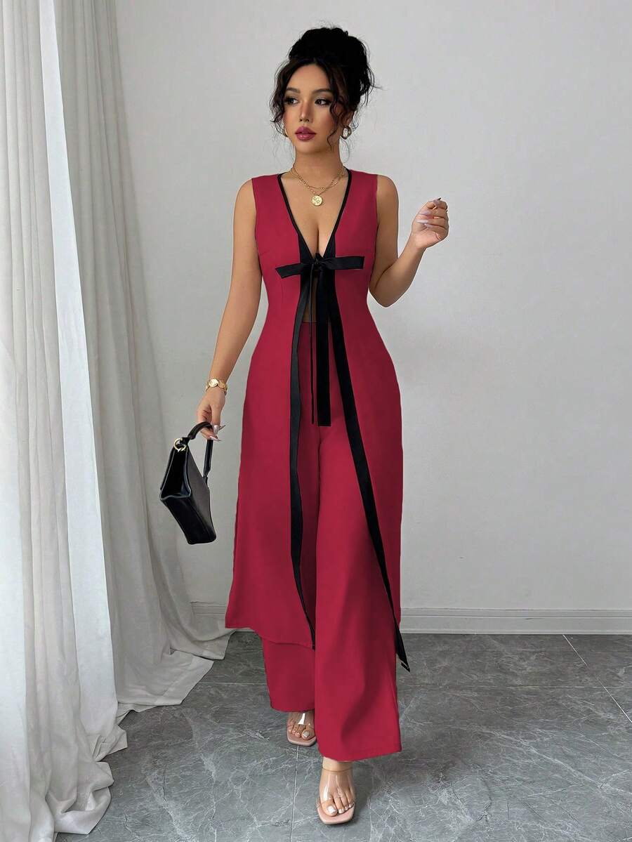 Lyxana Set elegant și la modă, de zi cu zi, cu decolteu în V, fără mâneci, cu top lung și pantaloni largi, format din 2 piese, pentru femei tinere, primăvară/vară - Burgundia - Vizualizare 1