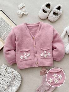 Blossori Young Girls' French Elegant Floral Embroidered Pocket Front Button Knit Cardigan - Pink - View 1