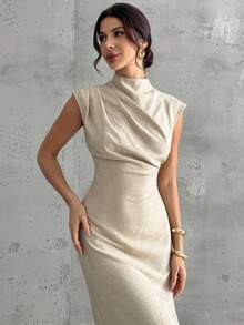 Firerie 女士优雅休闲日常通勤度假时尚新款中式立领垂袖束腰杏色长款连衣裙 - 杏色 - 查看 3