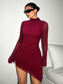 SHEIN ICON Solid Color Long Sleeve Asymmetric Hem Mesh Dress - Burgundy - View 4