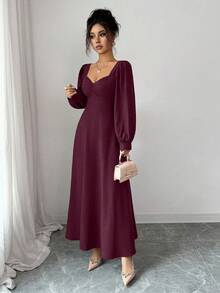 SHEIN LUNE 女士优雅方领泡泡袖收腰长裙，适合日常通勤 - Bold Plum - 查看 6