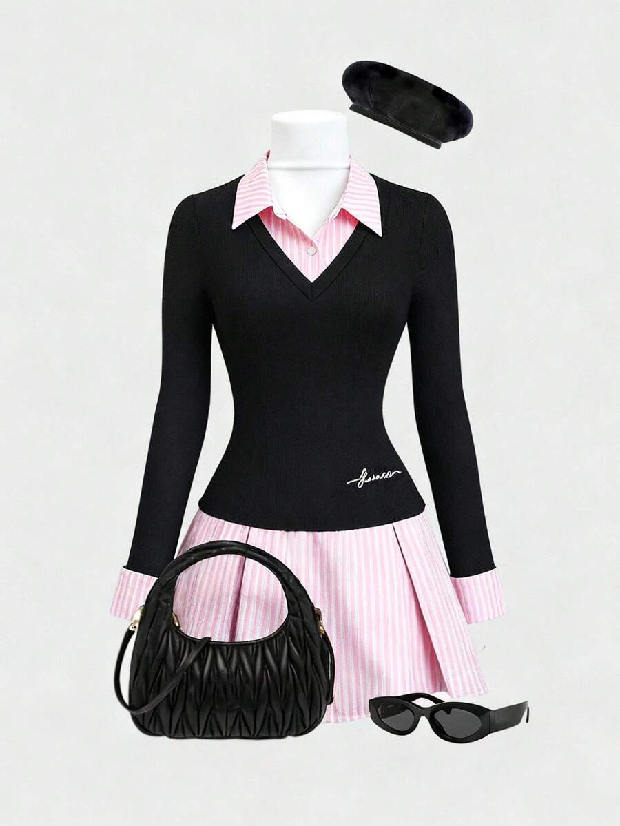 Sweetra Vintage American Preppy Style Contrast Color Long Sleeve 2 In 1 Fitted Dress, Autumn - Multicolor - View 1