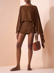 Zivah 2025秋冬新款通勤优雅休闲度假宽松棕色长袖衬衫+迷你裙裤子女两件套，旅行，通勤，派对，度假，老款风格，购物，宴会，优雅，聚会，约会，休闲-A - 棕色 - 查看 5