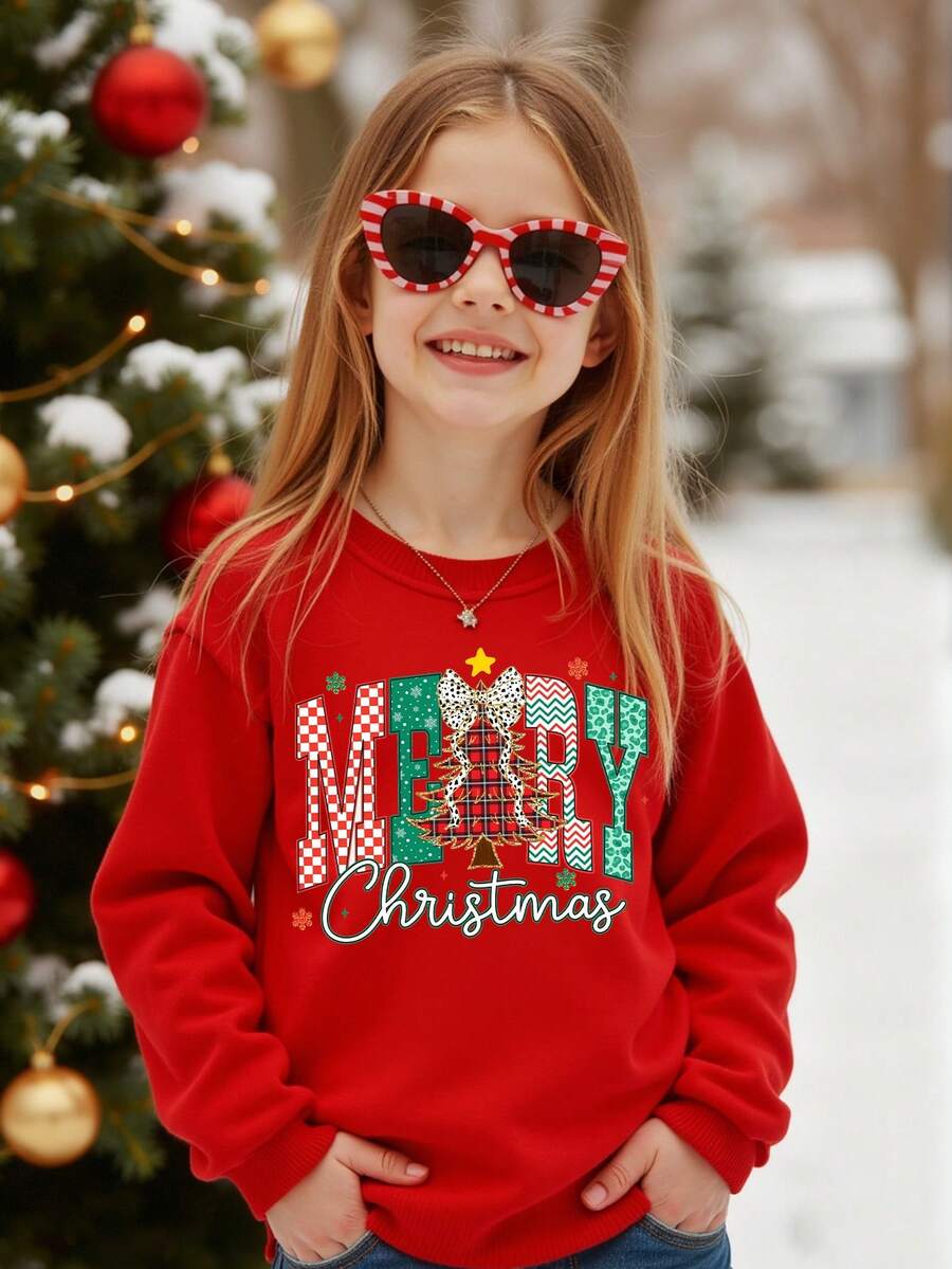 SHEIN 圣诞快乐青少年女孩休闲时尚创意个性卡通可爱蝴蝶结圣诞树雪花格子豹纹字母标语图案套头衫，适合圣诞派对和 - 紅色 - 查看 1