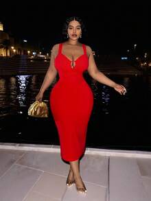 Veslaya Red Summer Elegant Satin Party Midi Dress,Bohemian Backless Bowknot Decor Bodycon Maxi Dress,Vintage Open Back Cocktail Outing Holiday Club Dress - Red - View 3
