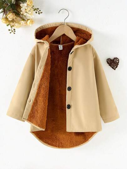 少女纯色长袖单排扣保暖内衬休闲连帽夹克，秋冬