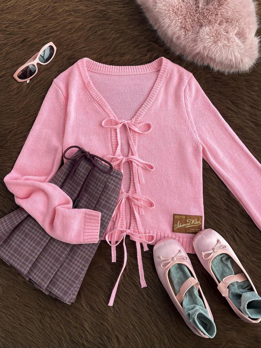 SHEIN Unity Women's Pink Wool Blend Cardigan,Warm & Comfortable,Casual,Autumn,Smart Casual,Sweet,School,Back-To-School,Retro Academic Vibe,V Neck,Tie Front - Pink - View 1
