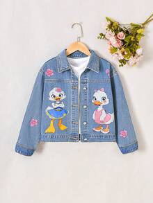 Sparklyn Tween Girls' Fashionable & Cute Cartoon Animal & Floral Print Washed Denim Jacket Fall Winter - Light Wash - View 4