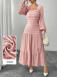 Modelyn Elegant Women's Long Sleeve Flared Dress With Jacquard Striped Textured Pattern In Pink - Pink - View 4