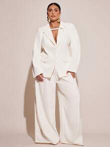 SHEIN BAE Plus Size Curve Autumn And Winter Elegant Commuter Business Party Big Woman Black Formal Waist Suit Jacket And Wide-Leg Pants Ladies Two Pieces Suit Business Casual Woman Suits For Woman Blazer Set Pants Suits For Woman Women Pants Suit Set Corporate Set Women Work Suits Woman Suit - White - View 1