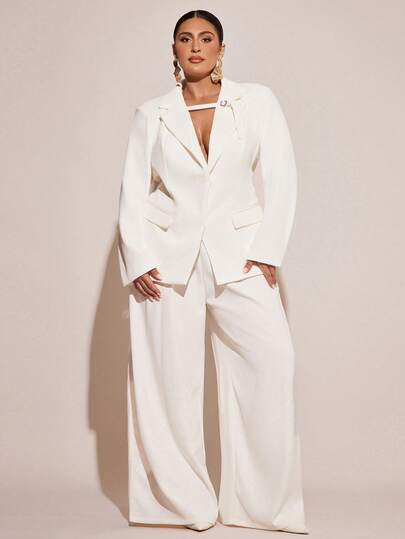 SHEIN BAE 大码曲线秋冬优雅通勤商务派对大码女士黑色正式腰部西装外套和阔腿裤女士两件套西装商务休闲女装女士西装外套套装女士裤子套装女士裤装套装公司套装女士工作服女士西装