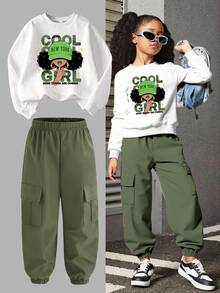 SHEIN 2pcs/Set New York Girl Portrait Print Girls Long Sleeve Sweatshirt Top And Jogger Pants Set Autumn Fall 7th Birthday Kindergarten White Brown - Green - View 3