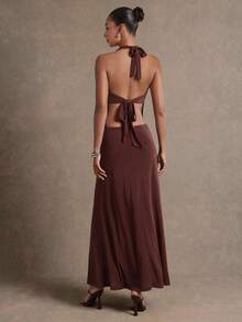 L'Amorae 树脂装饰露背紧身长裙，适合生日派对夜晚外出 - 棕色 - 查看 2