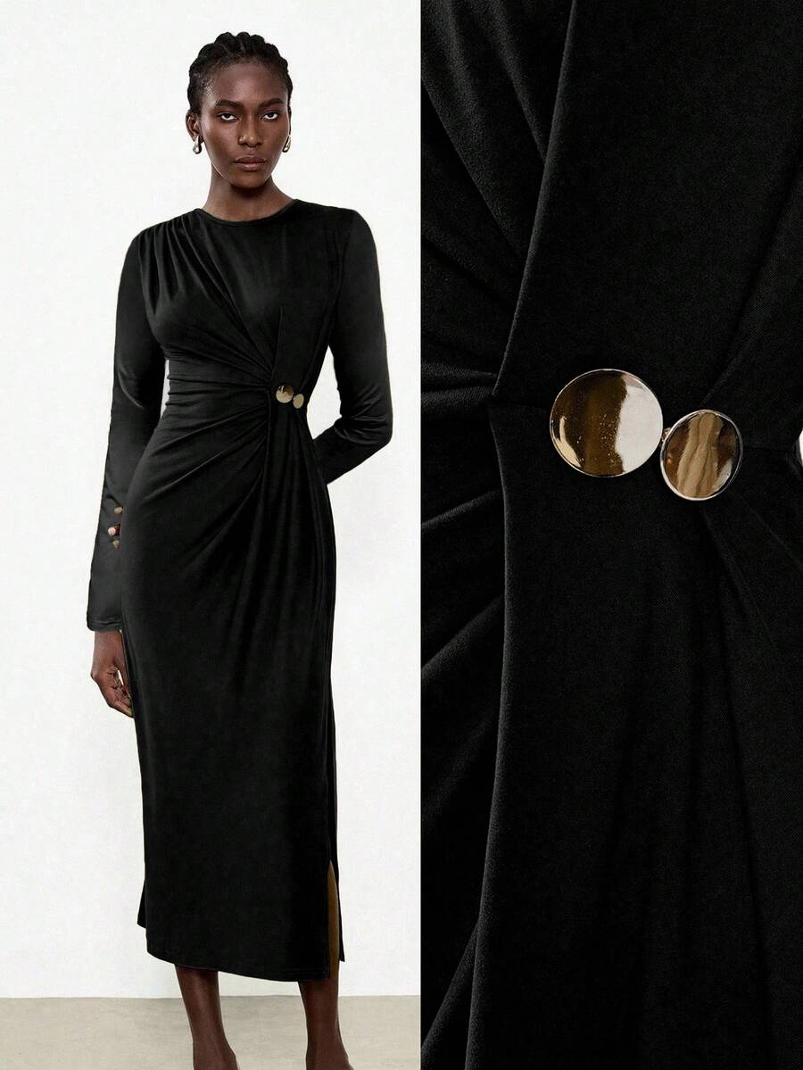 Lumivelle Women's Modern Round Neck Ruched Button Decor Waist Fitted Bodycon Side Slit Long Sleeve Dress - Black - View 1