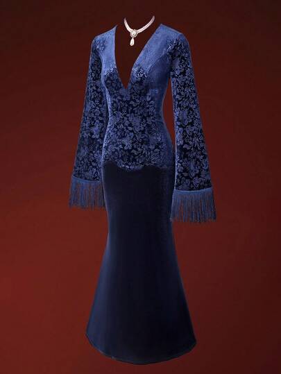 Glisette Vestido de mujer de unicolor con cuello en V, manga larga, volantes y falda de sirena, otoño/invierno