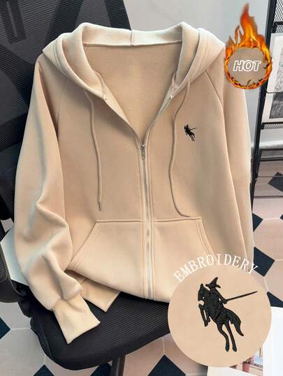 Resyla New Style Horse Embroidery Hooded Casual Solid Color Zip-Up Jacket For Women