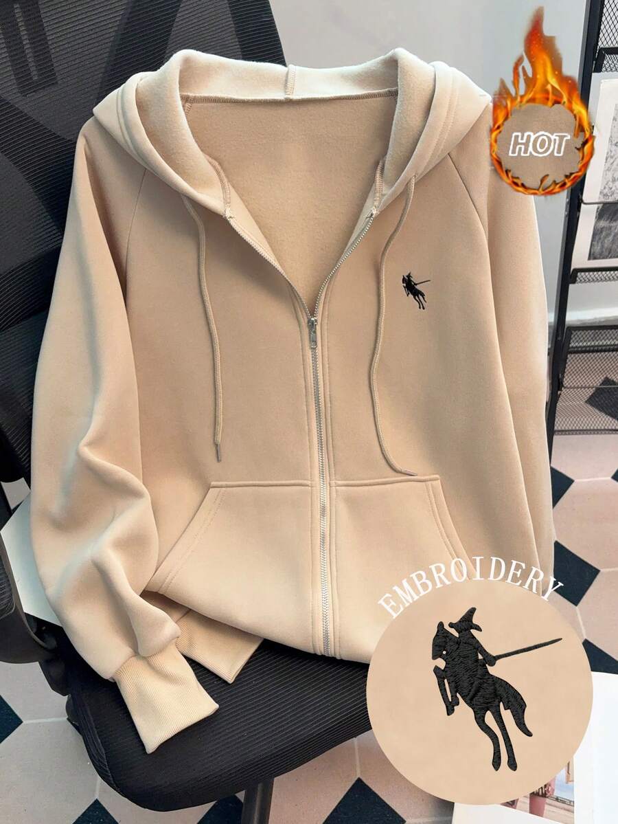 Resyla New Style Horse Embroidery Hooded Casual Solid Color Zip-Up Jacket For Women