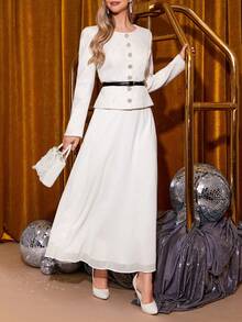 Amorya Women's Elegant Crew Neck Cardigan & Chiffon Skirt 2 Piece Set, Suitable For Daily & Occasion Wear, Autumn White Elegant Dress Women Long Sleeve Elegant Dress White Modest Dress White Skirt Set White Abaya Elegant Women's Set , Women Autumn Winter  Maija Fall Winter 2025 Women Maija - White - View 3