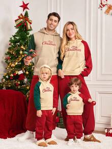 SHEIN LUNE Bộ trang phục gia đình 2 món đơn giản, thoải mái, phù hợp với Giáng sinh, màu tương phản, áo nỉ và quần - Nhiều màu - Xem 3