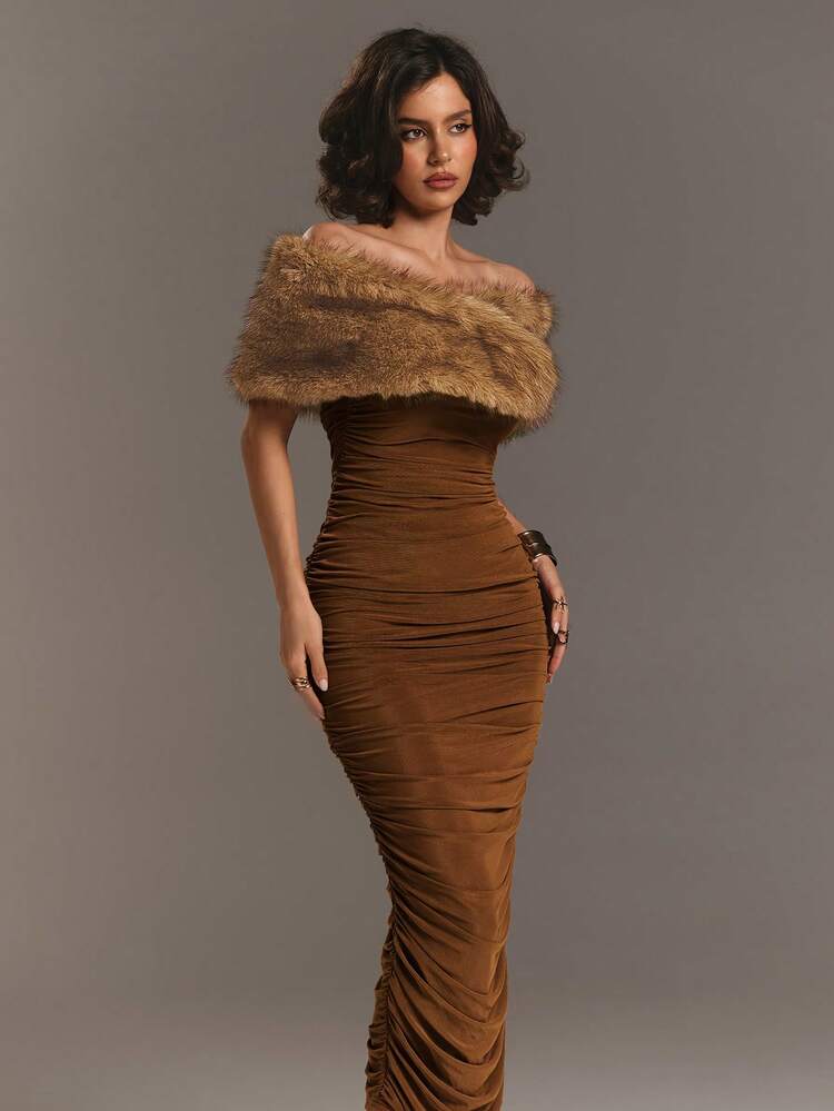 brown fluffy dress High Neck Open Back Mini Bodycon Dress In Brown Faux Feather | EGO US