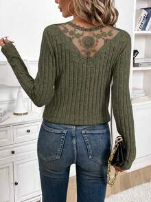 SHEIN Frenchy Women's Contrast Lace Long Sleeve Ribbed Casual T-Shirt Winter Green Christmas Spring - Green - View 3