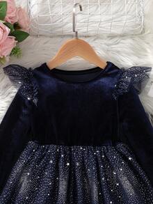 SHEIN Glamorique Kids Young Girls Round Neck Cap Sleeve Shiny Elegant Ruffle Hem Dress - Navy Blue - View 7