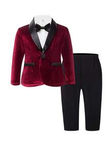 SHEIN 男婴三件套正式服装 - 长袖外套+长裤+领结，时尚奢华套装，适合生日派对、宴会、演出、婚礼、洗礼、万圣节、圣诞节、周岁生日及其他正式场合，婴幼儿婚礼绅士装/婚礼、婚礼宾客、花童、男童伴郎、宝宝家庭亲子装 - 彩色 - 查看 1