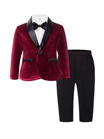 SHEIN 3 delar formell outfit för babypojkar - långärmad jacka + byxor + rosett, trendigt lyxset, lämplig för födelsedagsfest, bankett, framträdande, bröllop, dop, halloween, jul, första födelsedag och andra formella tillfällen, spädbarns- och barnbröllopskläder för gentlemän / bröllop, bröllopsgäst, ringbärare, sidopojke, matchande set för babyfamiljer